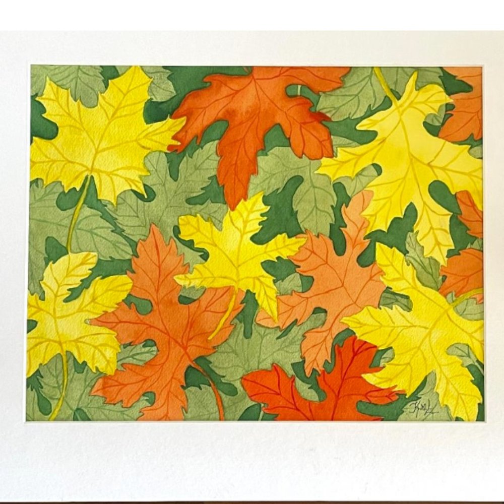 PAINTING WATERCOLOR ORIGINAL ART LEAVES FALL ORANGE YELLOW GREEN 11X14 MAT 16X20